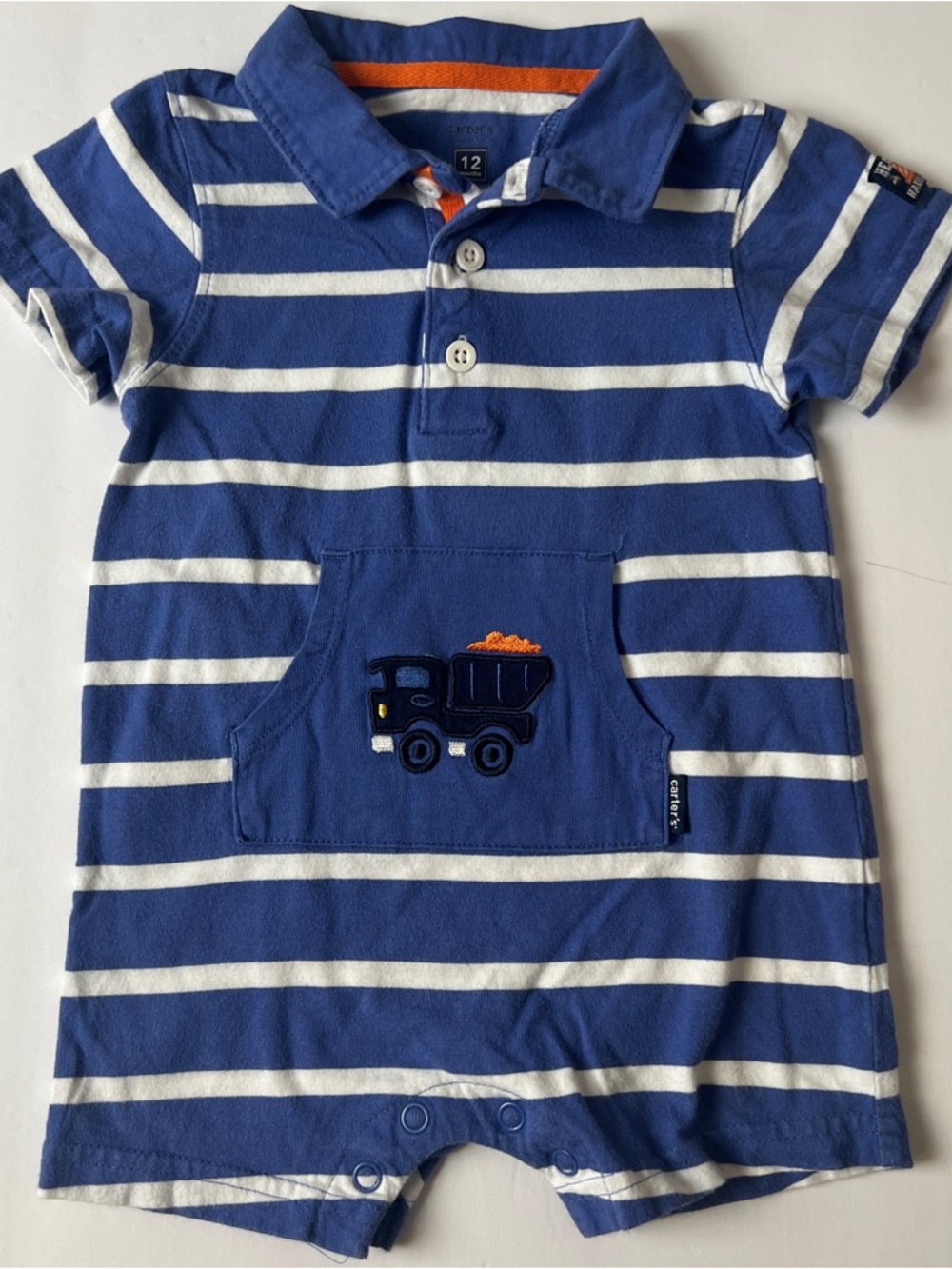 Carter's Blue & White Striped Polo Romper with Truck Embroidery 12 months